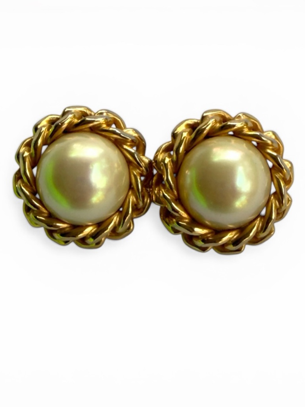 Vintage Christian Dior Pearl Clip-On Earrings Gold Rope Signed Designer